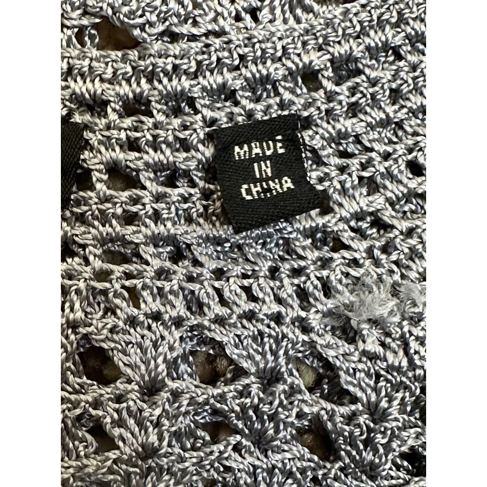 BCBGMAXAZRIA Hand Crochet Top L Silver Blue‎ Gray Open Knit Boho Sheer Scallop